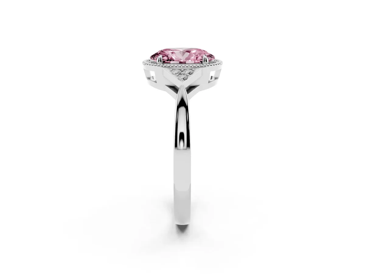 Fancy Pink Oval Cut Diamond Halo Ring with Tapered Band and Four-Prong Setting White gold