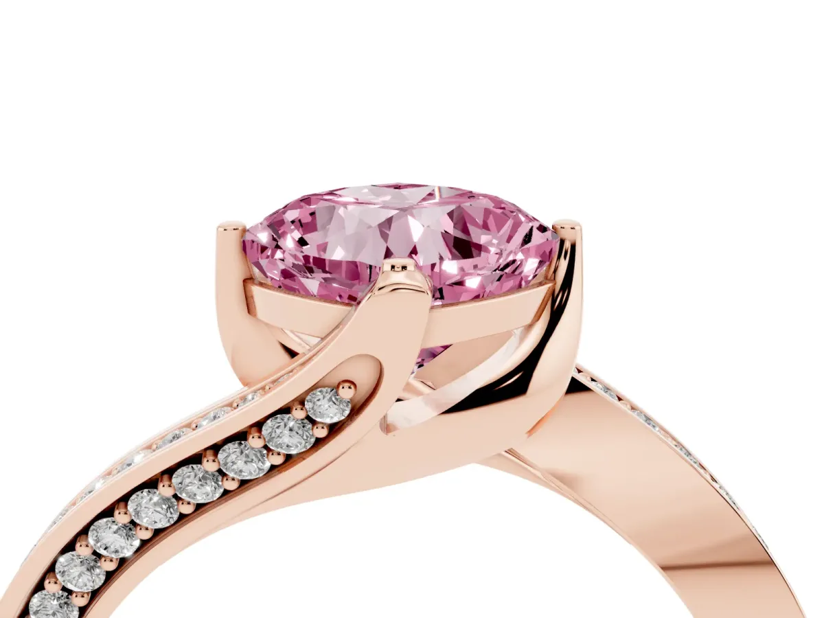 Fancy Pink Cushion Cut Solitaire Diamond Twist Band with Pavé Setting and Four-Prong Setting Rose gold