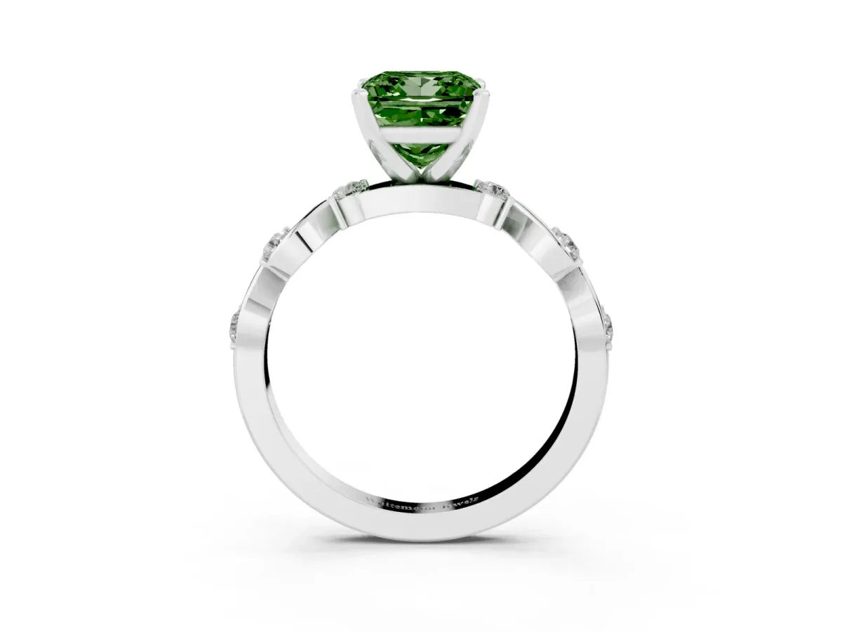 Fancy Green Princess Cut Diamond Solitaire Twisted Band with Round Accents and Prong Setting White gold