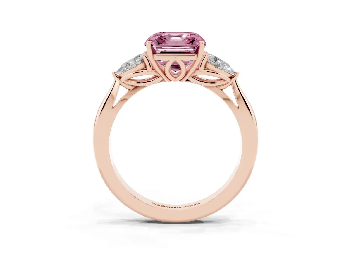 Fancy Pink Three-Stone Asscher Cut Brilliant Diamond Solitaire Ring with Tapered Band and Four-Prong Setting Rose gold