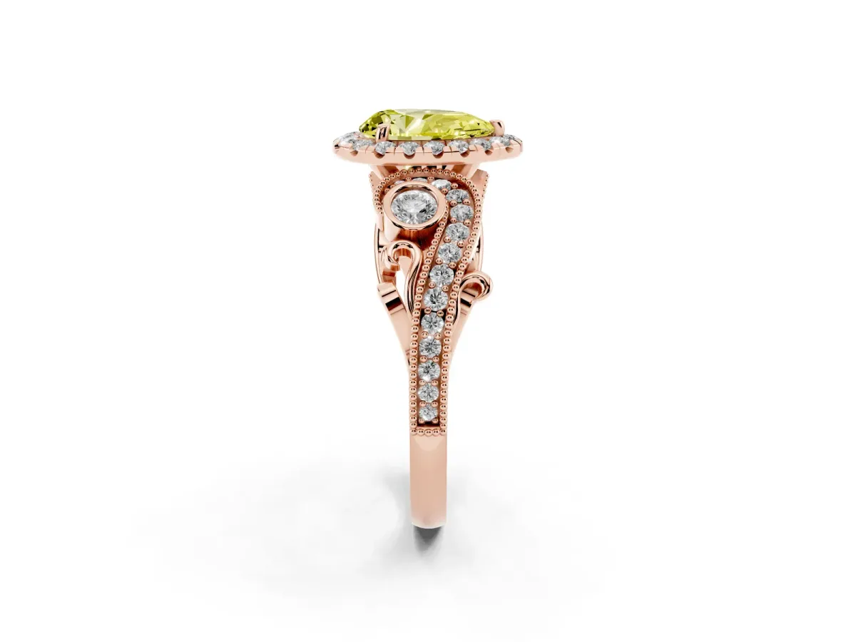 Fancy Yellow Pear Cut Halo Diamond Ring with Milgrain and Bezel Accents on a Split Shank Band Rose gold