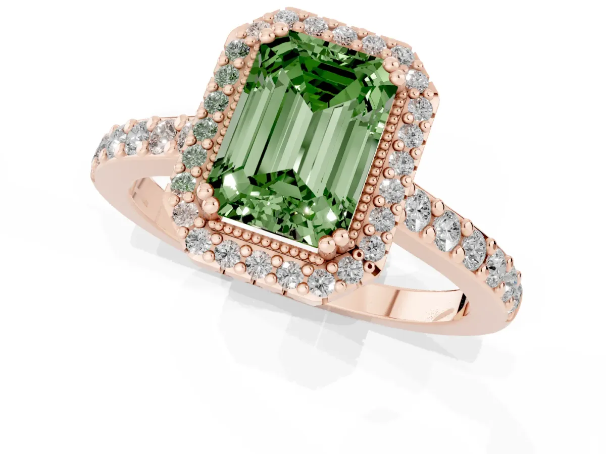 Fancy Green Emerald Cut Cut Diamond Halo Engagement Ring with Milgrain Detail and Pavé Band Rose gold