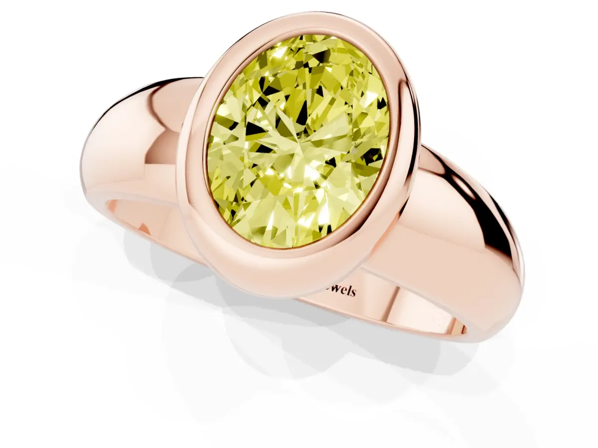 Fancy Yellow Bezel Set Oval Cut Solitaire Ring with Wide Band Rose gold
