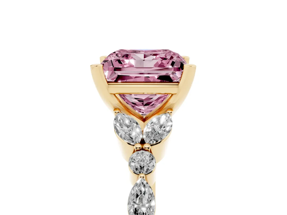 Fancy Pink Princess Cut Diamond Solitaire Ring with Side Stones and Four-Prong Setting Yellow gold