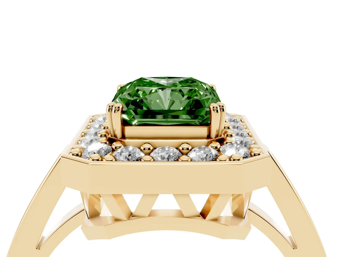 Fancy Green Radiant Cut Diamond Halo Ring with Split Shank and Four-Prong Setting Yellow gold