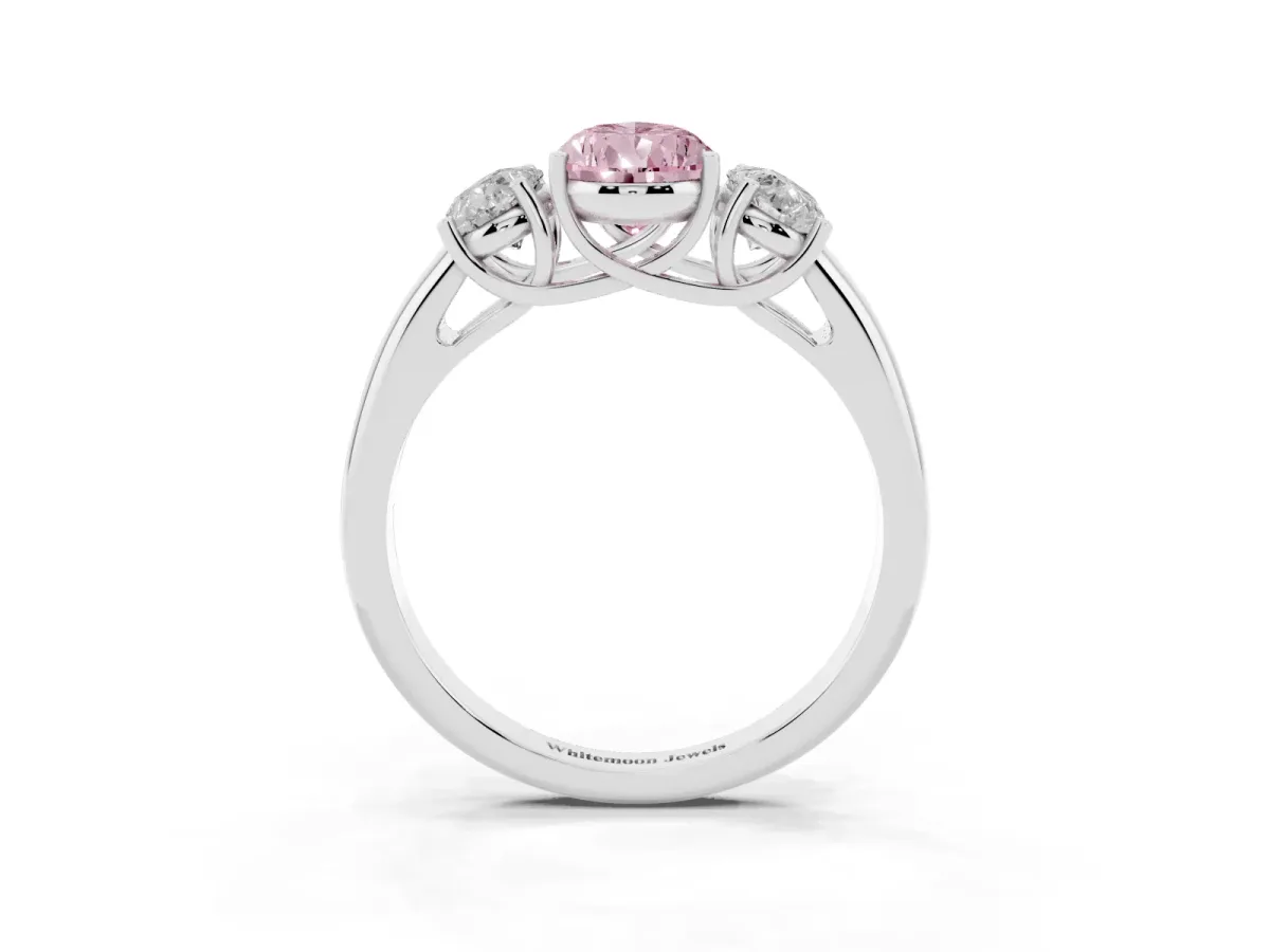Fancy Pink Three-Stone Pear Cut Diamond Engagement Ring with Prong Setting White gold