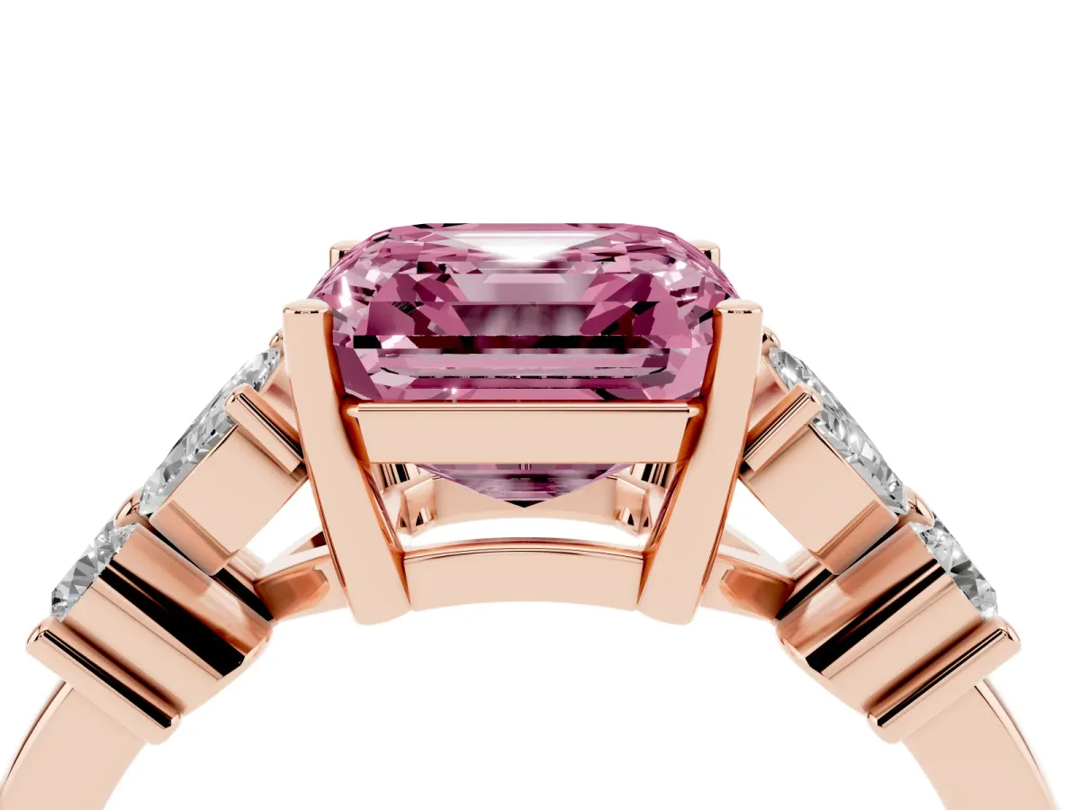 Fancy Pink Princess Cut Diamond Floral Cluster Ring with Solitaire Band and Prong Setting Rose gold