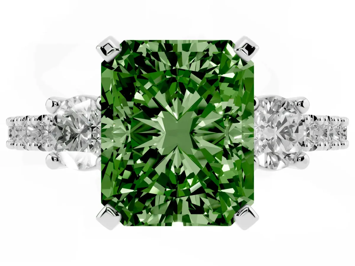 Fancy Green Radiant Cut Three-Stone Diamond Pavé Band with Prong Setting White gold
