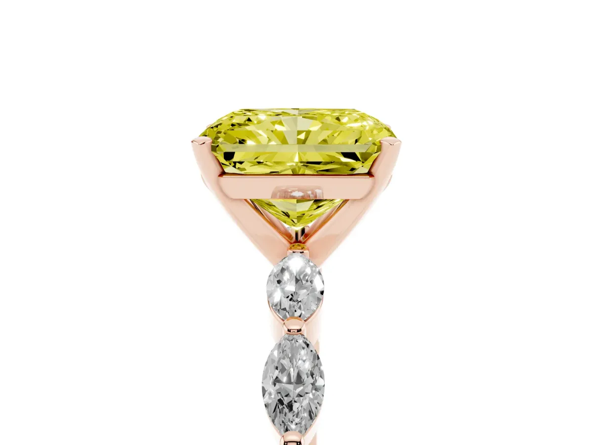 Fancy Yellow Radiant Cut Diamond Ring with Marquise Side Stones and Prong Setting Rose gold