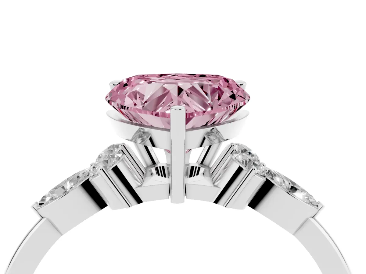 Fancy Pink Heart Cut Brilliant Diamond Solitaire Ring with Pear Side Stones and Four-Prong Setting Platinum