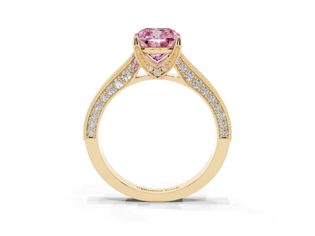 Fancy Pink Cushion Cut Cut Diamond Solitaire Ring with Milgrain Pave Band and Four Prong Setting Yellow gold