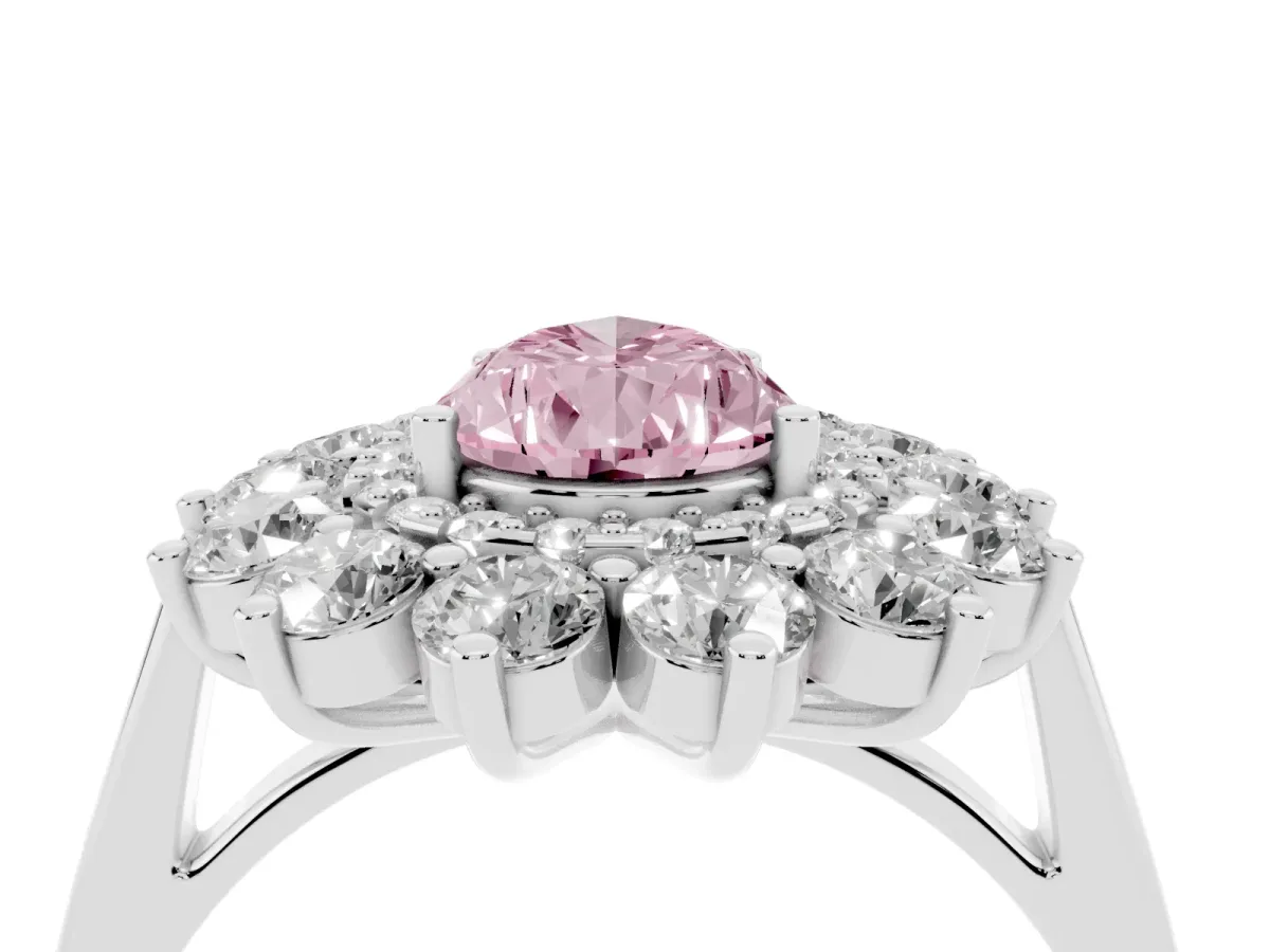Fancy Pink Pear Cut Diamond Floral Double Halo Engagement Ring with Prong Setting Platinum
