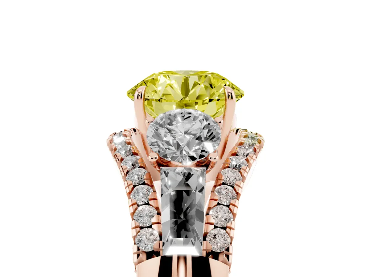 Fancy Yellow Three-Stone Round Cut Diamond Engagement Ring with Pave Band and Prong Setting Rose gold