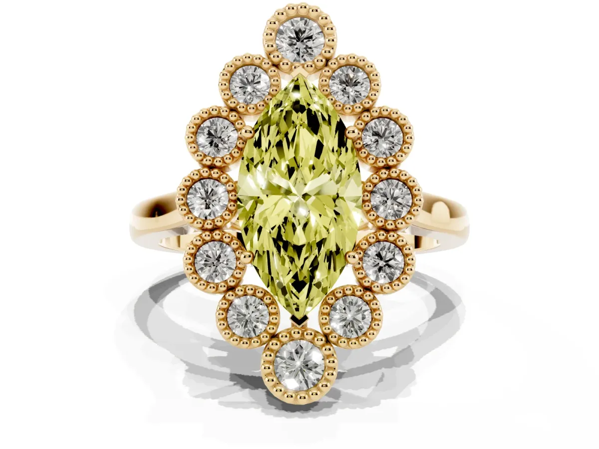 Fancy Yellow Marquise Cut Halo Diamond Cluster Engagement Ring with Milgrain Bezel Setting and Solitaire Band Yellow gold
