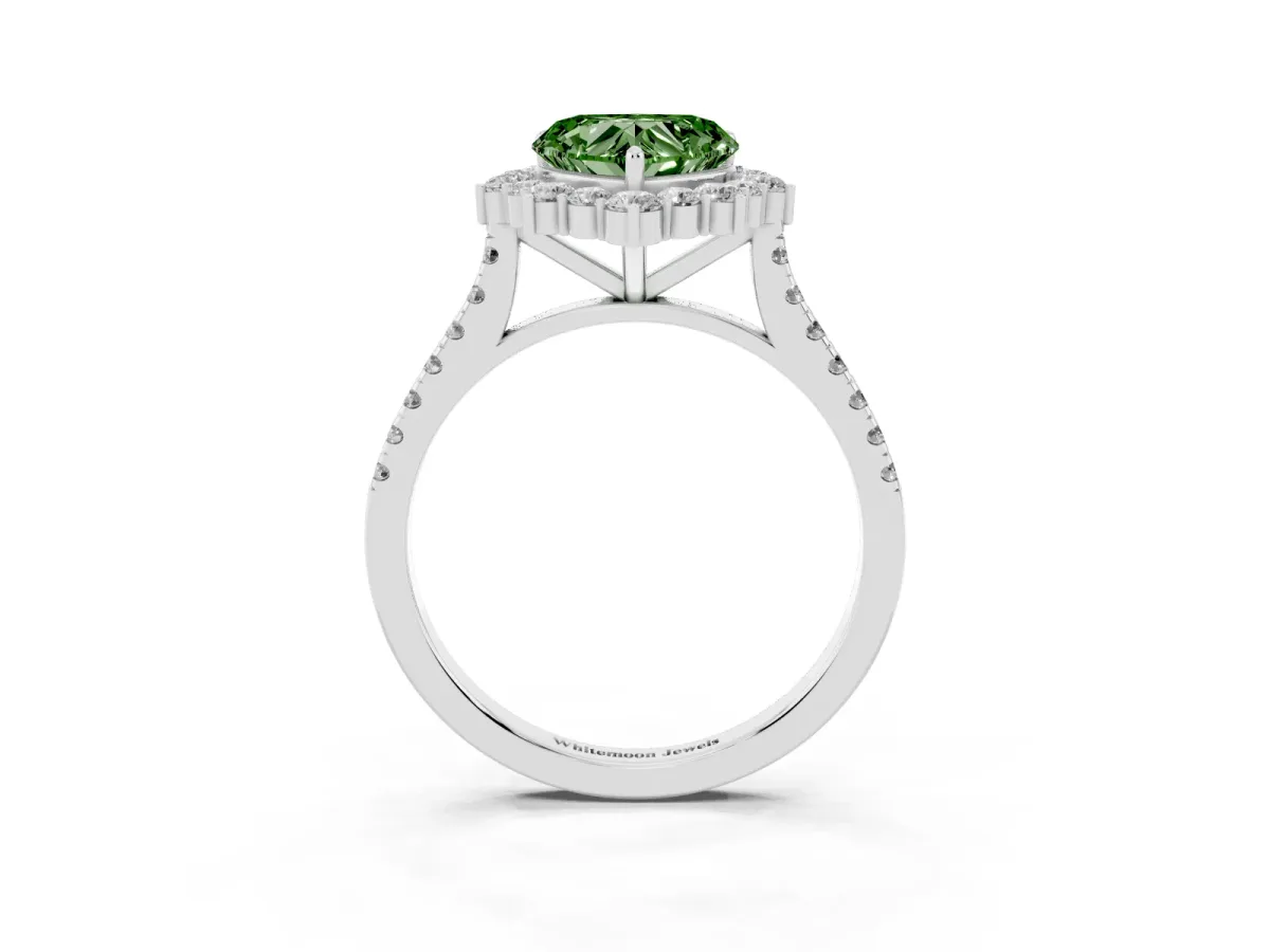 Fancy Green Heart Cut Halo Diamond Ring with Pavé Band and Prong Setting Silver