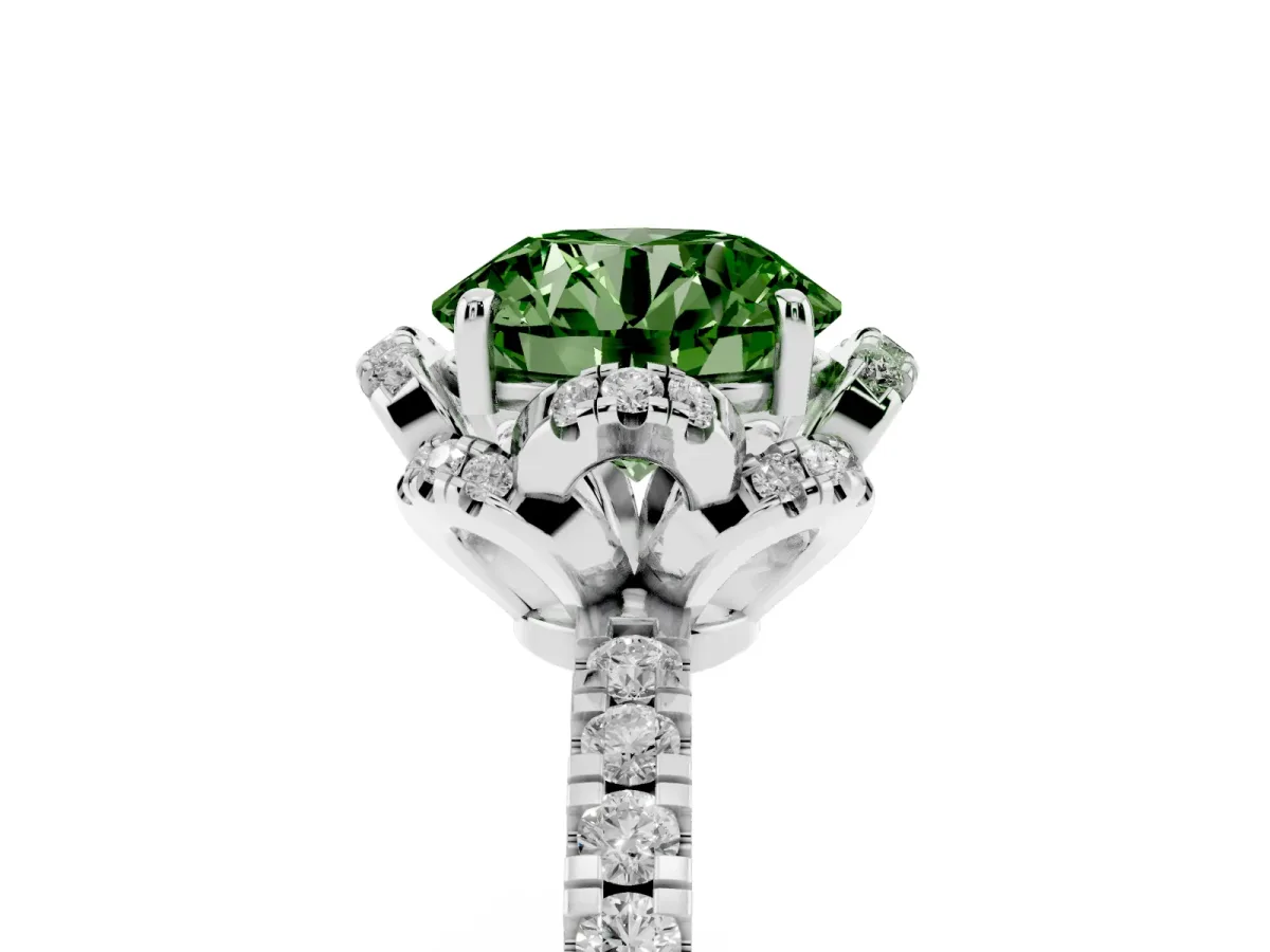 Fancy Green Round Cut Diamond Halo Pave Band with Four-Prong Setting Silver