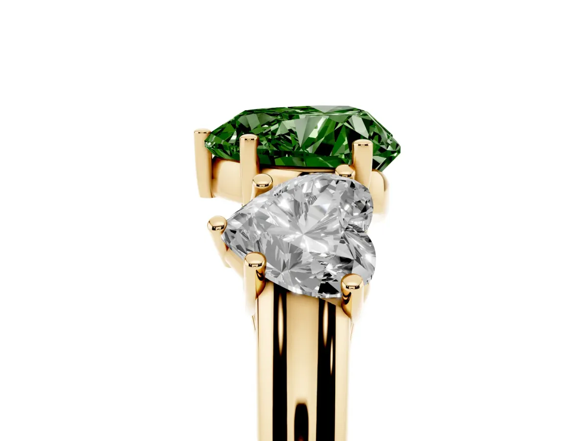 Fancy Green Three-Stone Heart Cut Diamond Engagement Ring with Prong Setting Yellow gold