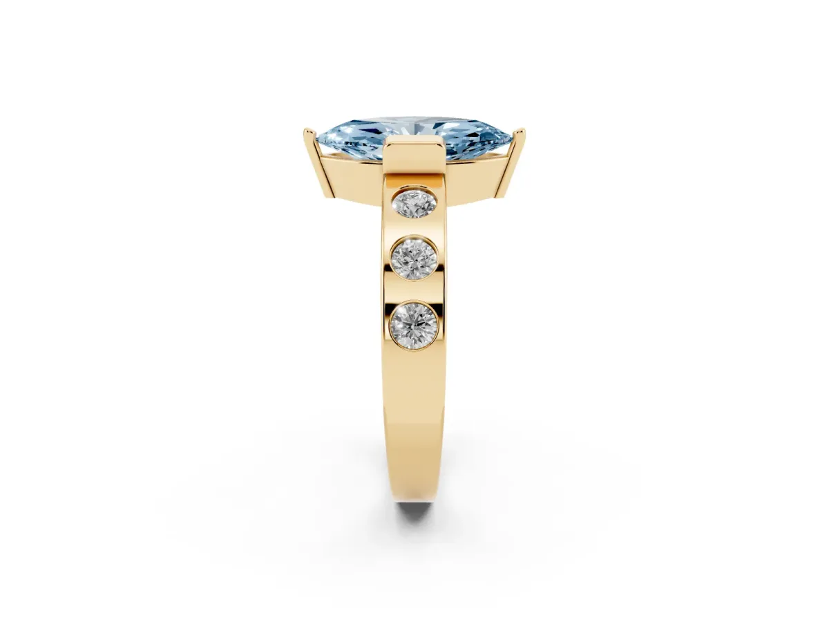 Fancy Blue Marquise Cut Brilliant Channel-Set Diamond Ring with Bezel Prong Setting Yellow gold