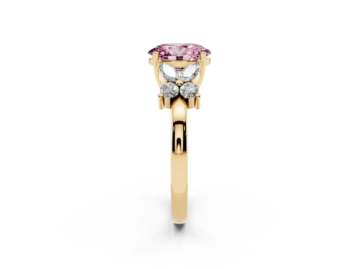 Fancy Pink Oval Cut Diamond Floral Cluster Ring with Solitaire Band and Prong Setting Yellow gold