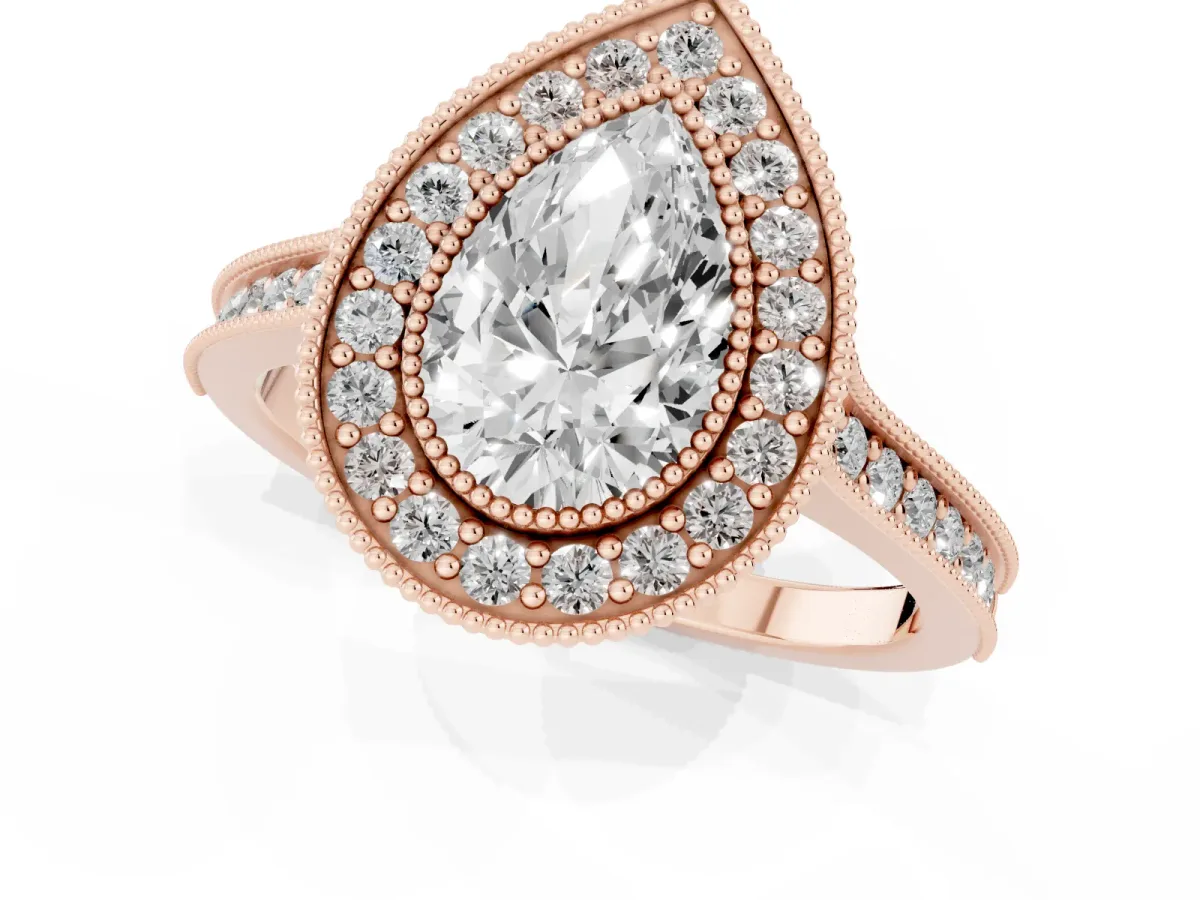 Halo Pear Cut-Cut Diamond Pave Band Milgrain Prong Setting Ring Rose gold