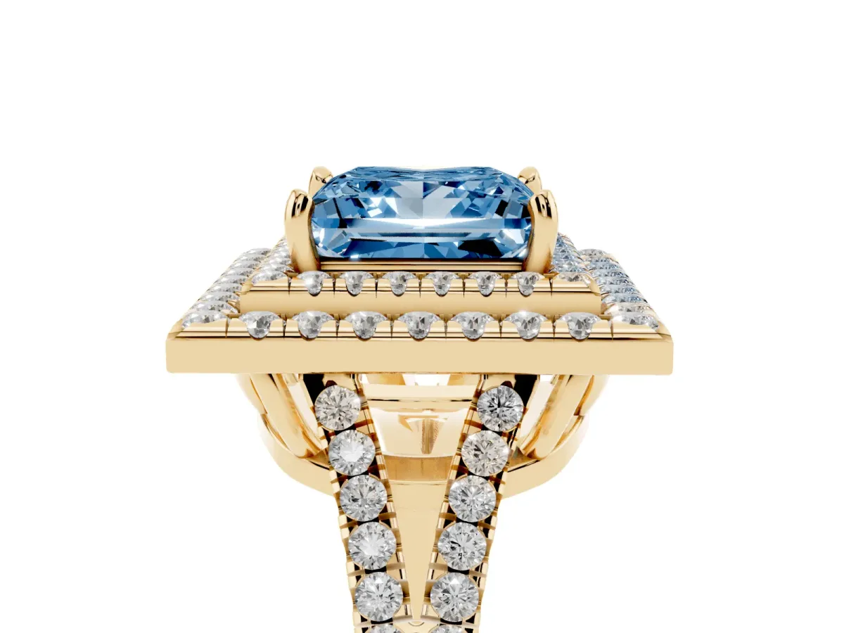 Fancy Blue Princess Cut Diamond Double Halo Ring with Pavé Band and Prong Setting Yellow gold