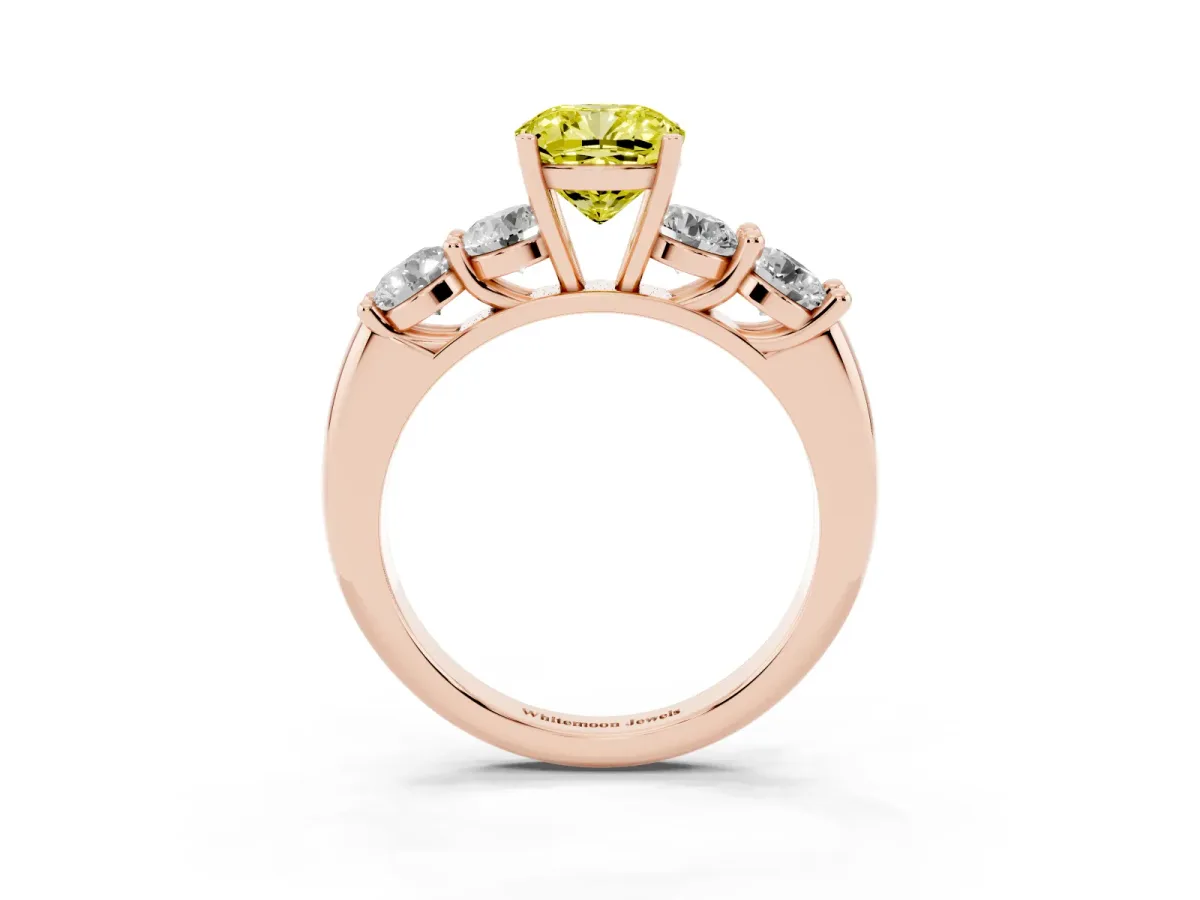Fancy Yellow Cushion Cut Cut Five-Stone Prong Set Diamond Ring with Classic Band Rose gold