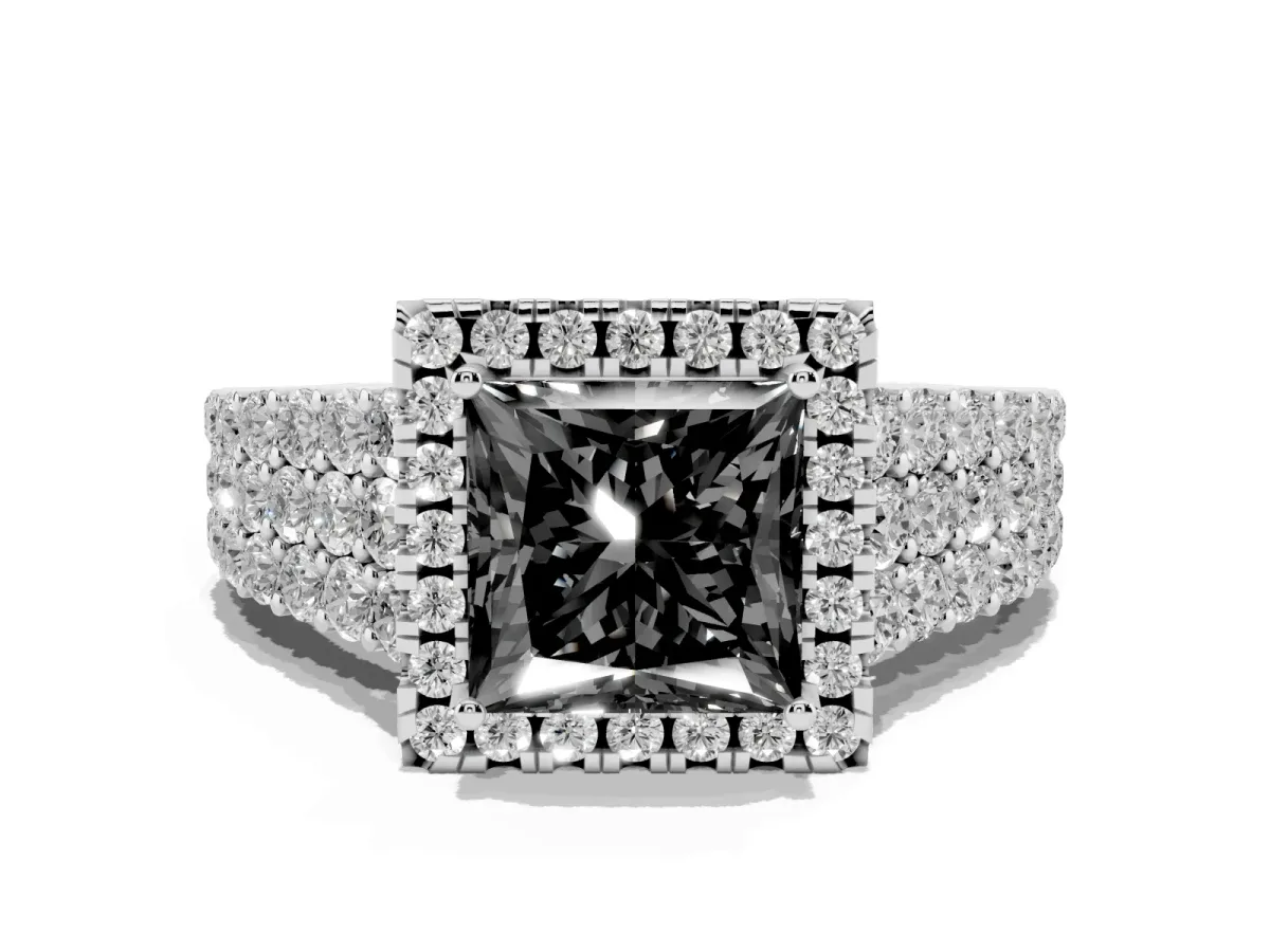 Fancy Black Princess Cut Diamond Halo Engagement Ring with Triple Row Round Pavé Band and Prong Setting Silver