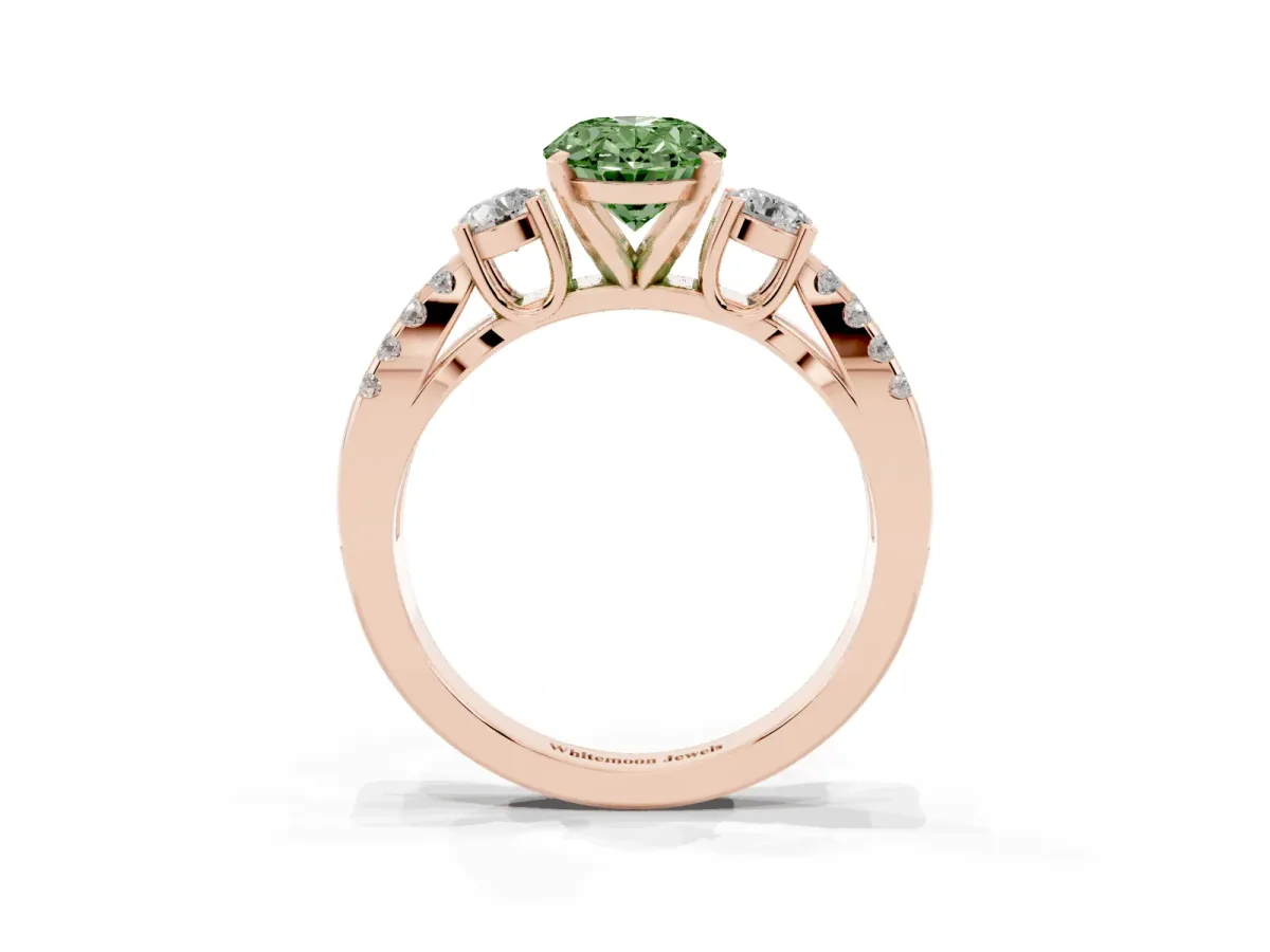 Fancy Green Oval Cut Diamond Three-Stone Ring with Pavé Split Shank and Four-Prong Setting Rose gold
