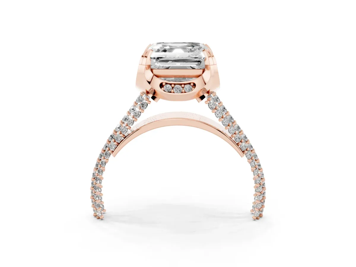 Asscher Cut Solitaire Pave Split Shank Ring with Four-Prong Setting Rose gold