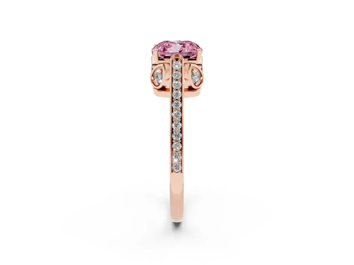 Fancy Pink Cushion Cut Cut Cathedral Pave Diamond Engagement Ring with Six-Prong Setting Rose gold
