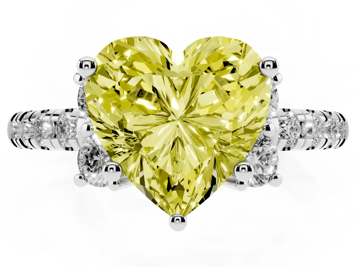 Fancy Yellow Heart Cut Diamond Three-Stone Pave Band with Four-Prong Setting Silver