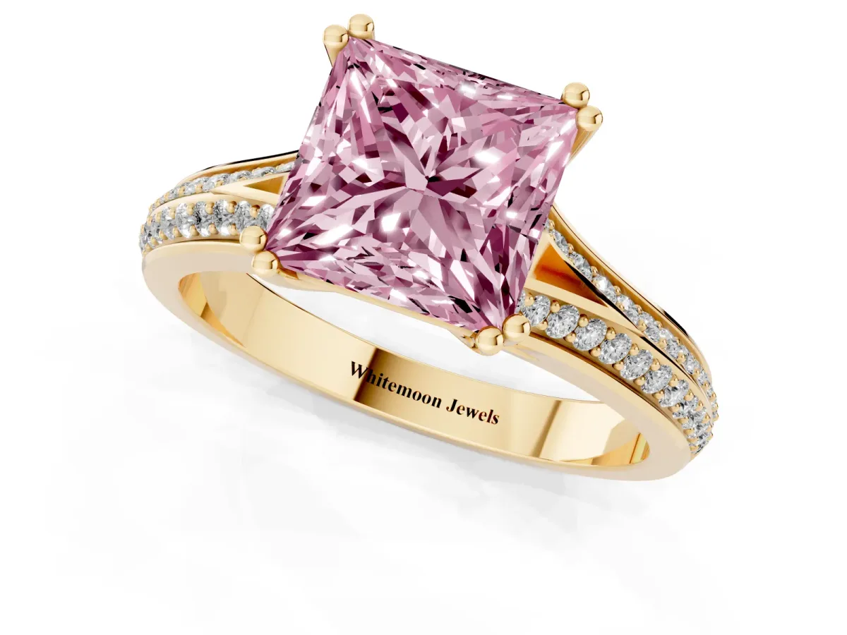 Fancy Pink Princess Cut Diamond Split Shank Engagement Ring with Pavé Band Yellow gold