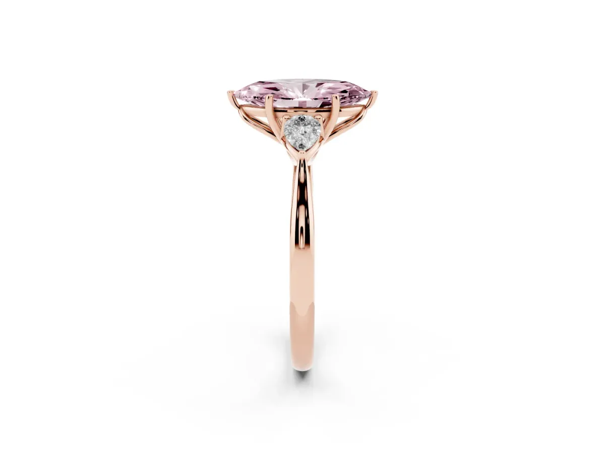 Fancy Pink Three-Stone Marquise Cut Diamond Ring with Pear Side Stones in Four-Prong Setting Rose gold