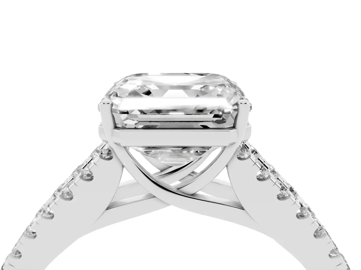 Asscher Cut Diamond Split Shank Pavé Engagement Ring with Four-Prong Setting Silver