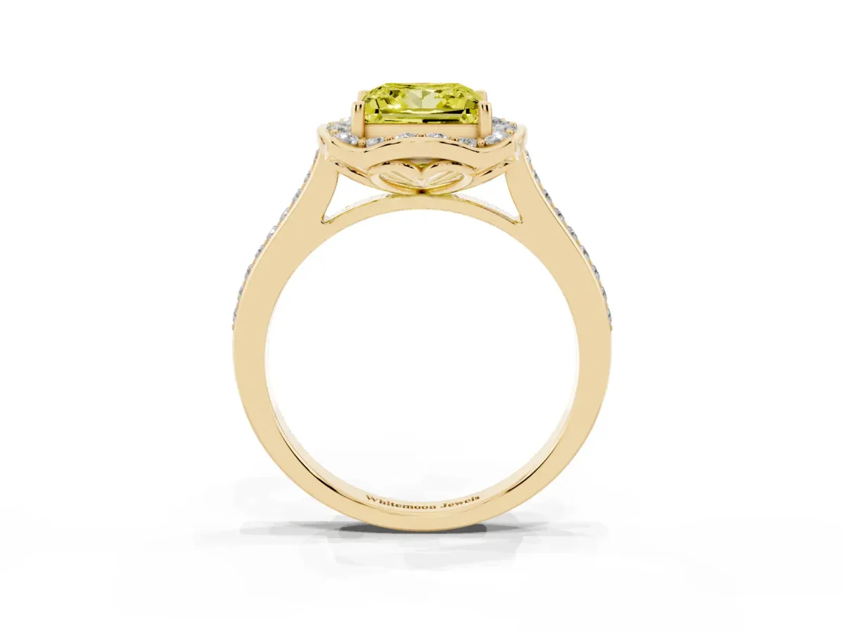 Fancy Yellow Princess Cut Halo Round Diamond Pave Band with Four-Prong Setting Yellow gold