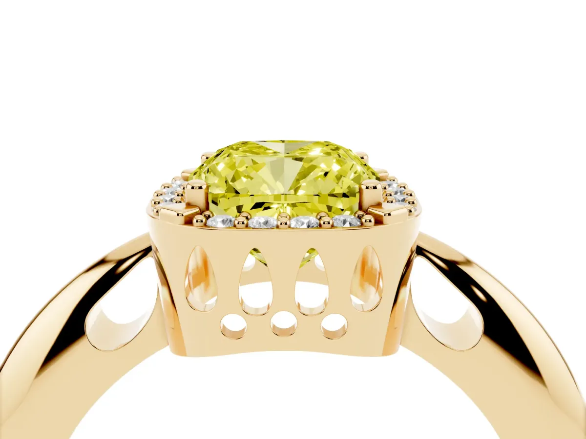 Fancy Yellow Cushion Cut Cut Diamond Halo Engagement Ring with Split Shank and Four-Prong Setting Yellow gold