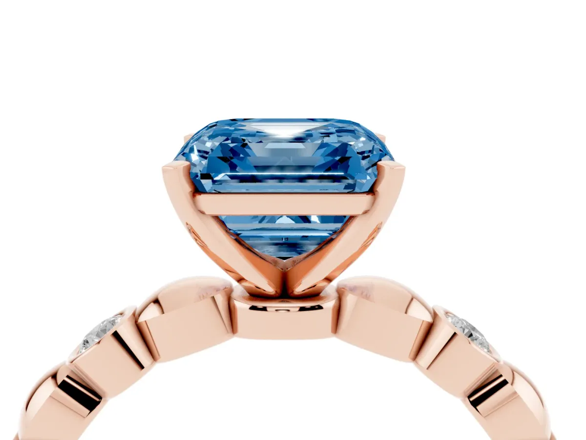 Fancy Blue Asscher Cut Solitaire Bezel-Set Diamond Ring with Beaded Band and Four-Prong Setting Rose gold