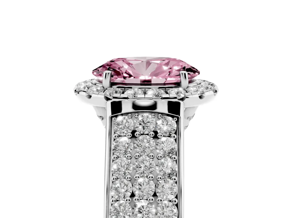 Fancy Pink Oval Cut Halo Round Diamond Pave Band with Prong Setting Silver