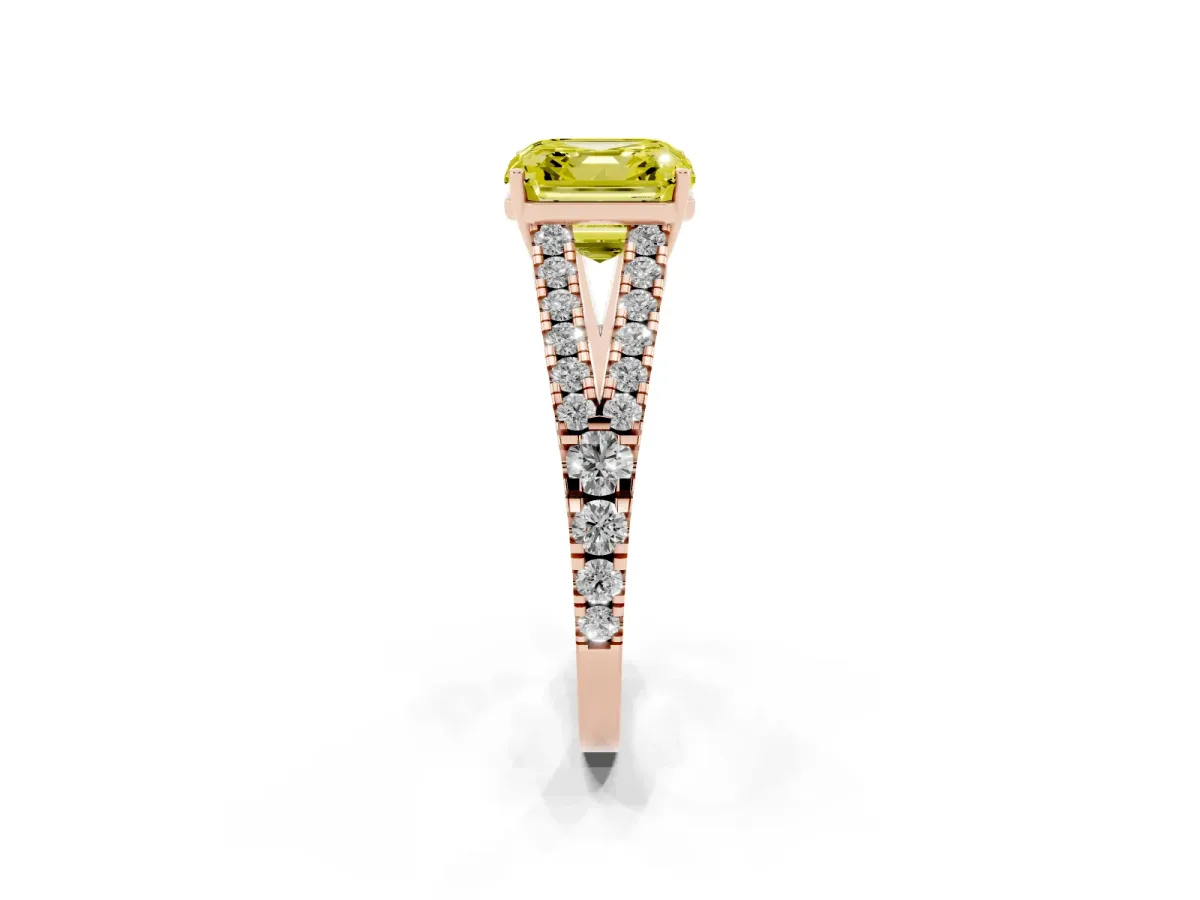 Fancy Yellow Asscher Cut Diamond Split Shank Engagement Ring with Round Pavé and Prong Setting Rose gold