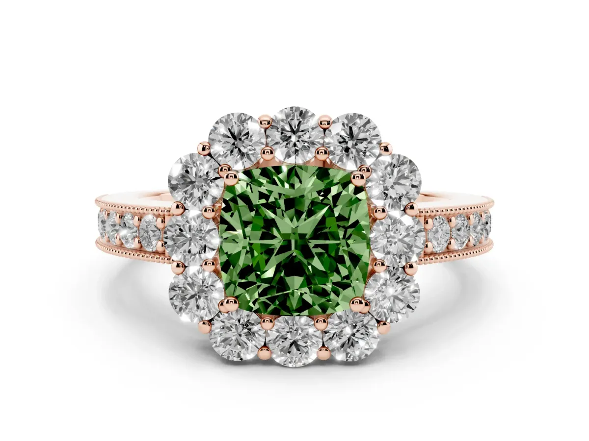 Fancy Green Cushion Cut Cut Halo Diamond Pavé Engagement Ring with Milgrain Detailing Rose gold