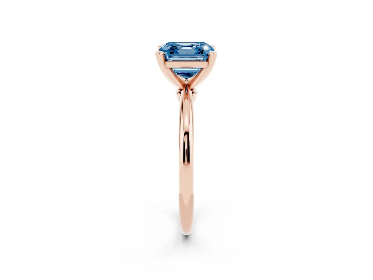 Fancy Blue Asscher Cut Diamond Solitaire Ring with Prong Setting and Classic Band Rose gold