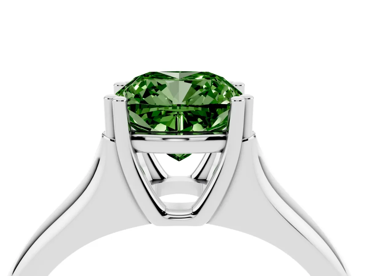 Fancy Green Cushion Cut Diamond Solitaire Ring with Wide Band and Prong Setting Silver