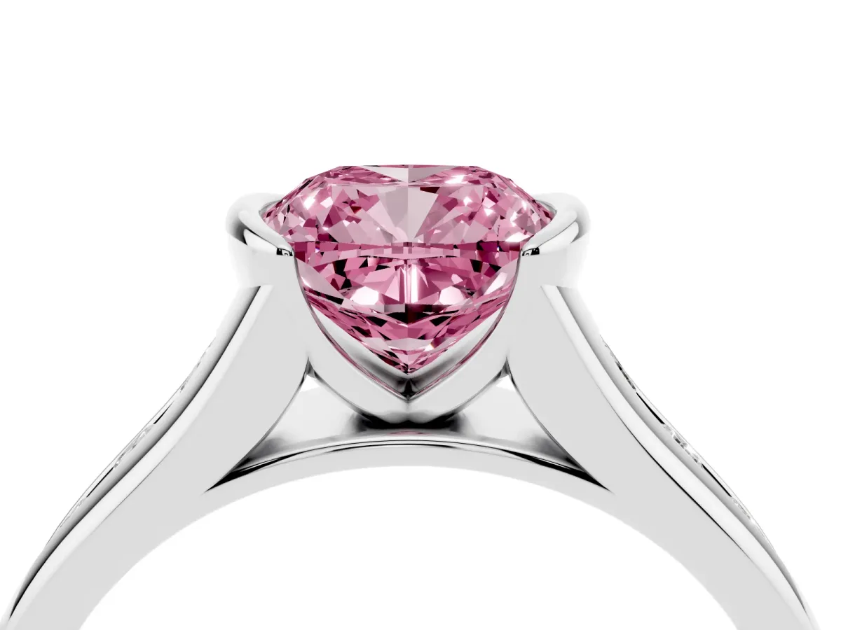 Fancy Pink Cushion Cut Solitaire Bezel-Set Diamond Ring with Channel-Set Band Silver