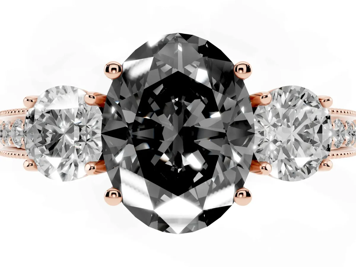 Fancy Black Oval Cut Three-Stone Diamond Ring with Pavé Band and Four-Prong Setting Rose gold