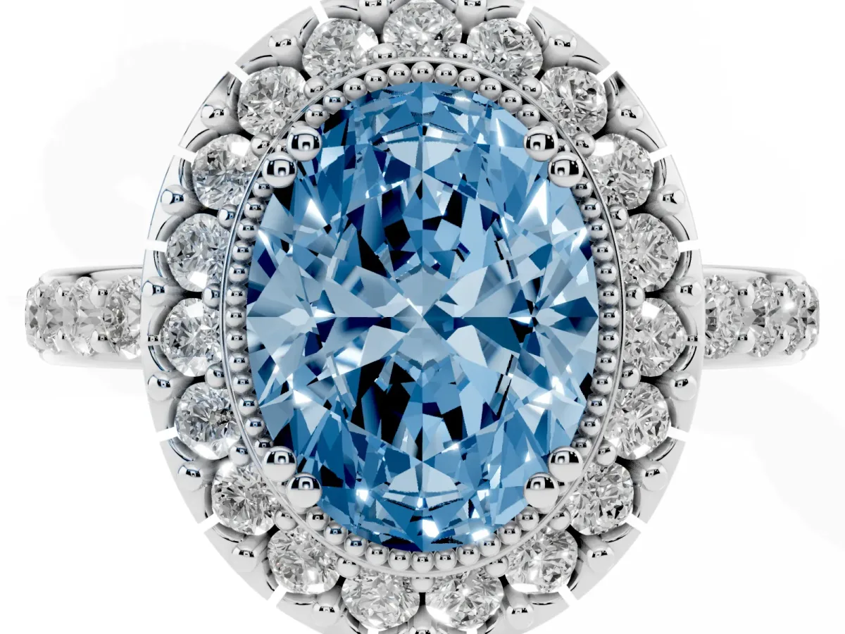 Fancy Blue Oval Cut Diamond Halo Ring with Pavé Band and Prong Setting Silver