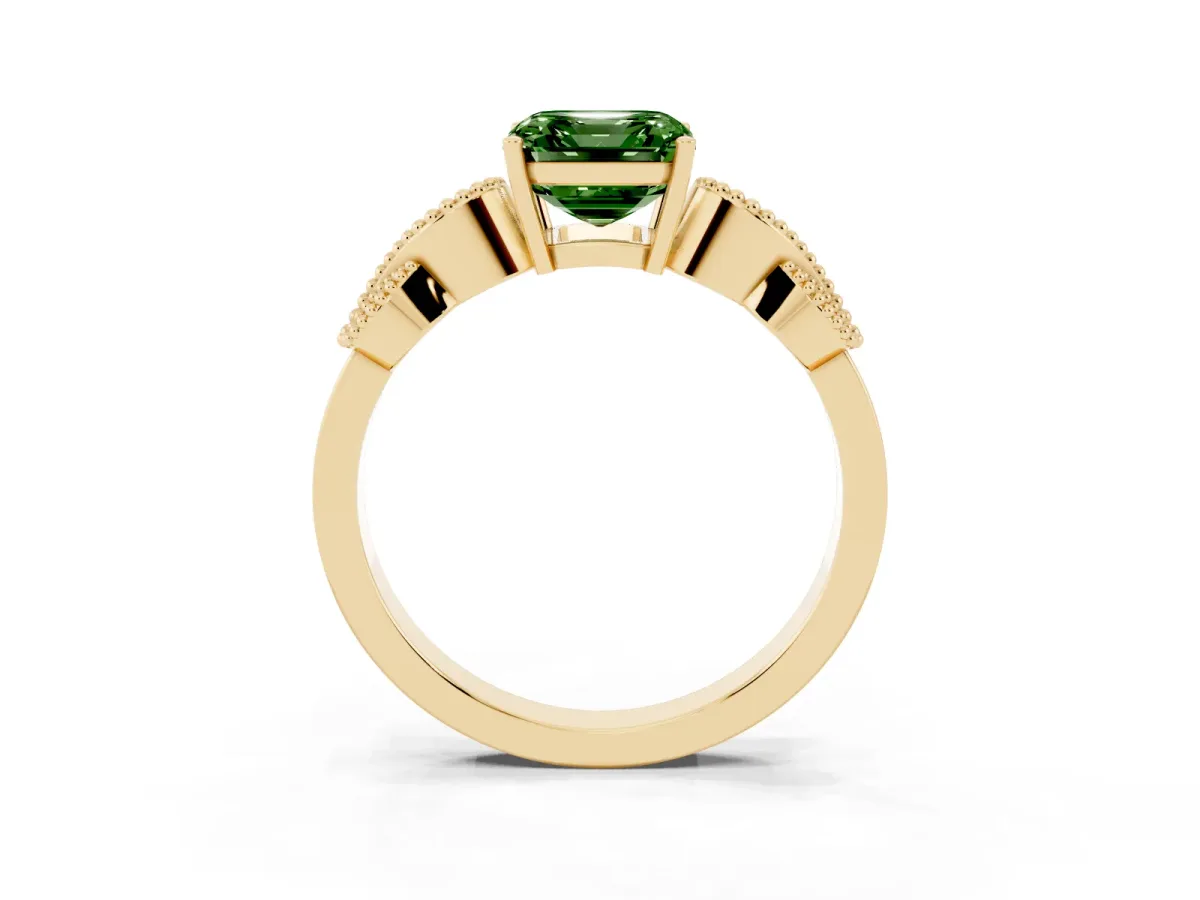 Fancy Green Asscher Cut Solitaire Milgrain Leaf Band with Prong Setting Yellow gold