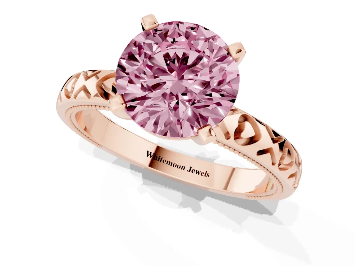 Fancy Pink Round Cut Solitaire Diamond Engagement Ring with XO Engraved Band and Four-Prong Setting Rose gold