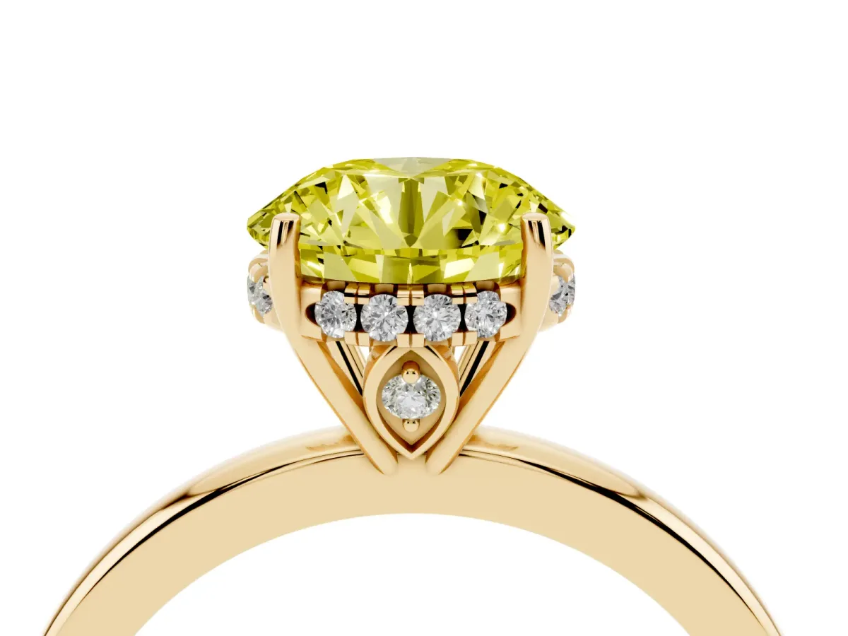 Fancy Yellow Round Cut Solitaire Diamond Ring with Prong Setting and Plain Band Yellow gold