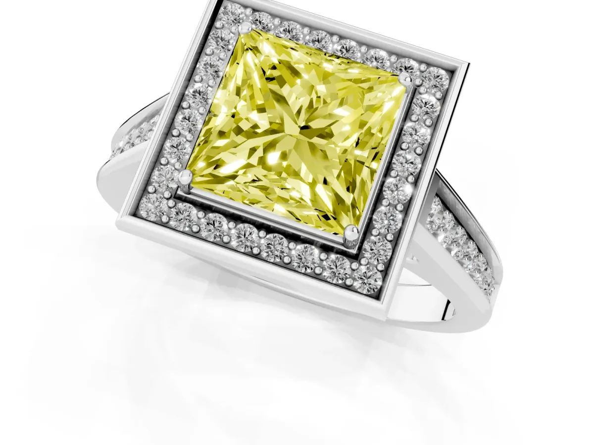 Fancy Yellow Princess Cut Halo Solitaire Diamond Ring with Pave Band and Bezel Setting Platinum