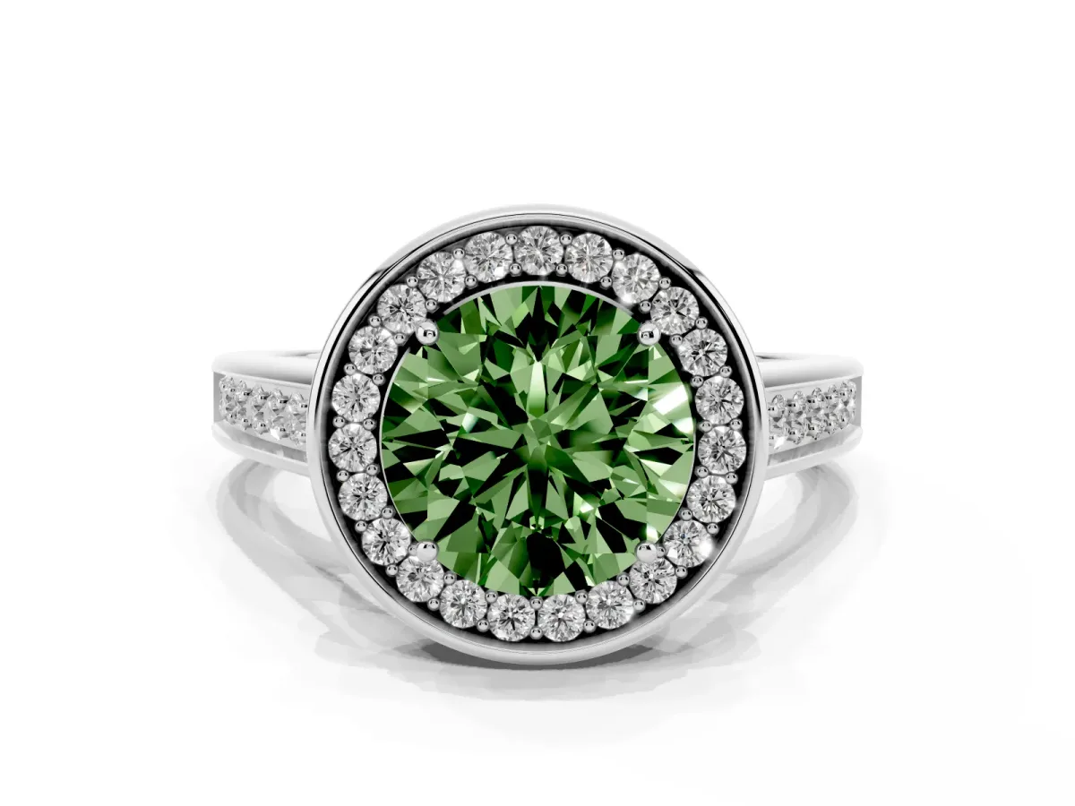 Fancy Green Round Cut Halo Solitaire Diamond Ring with Pave Band and Bezel Setting Silver